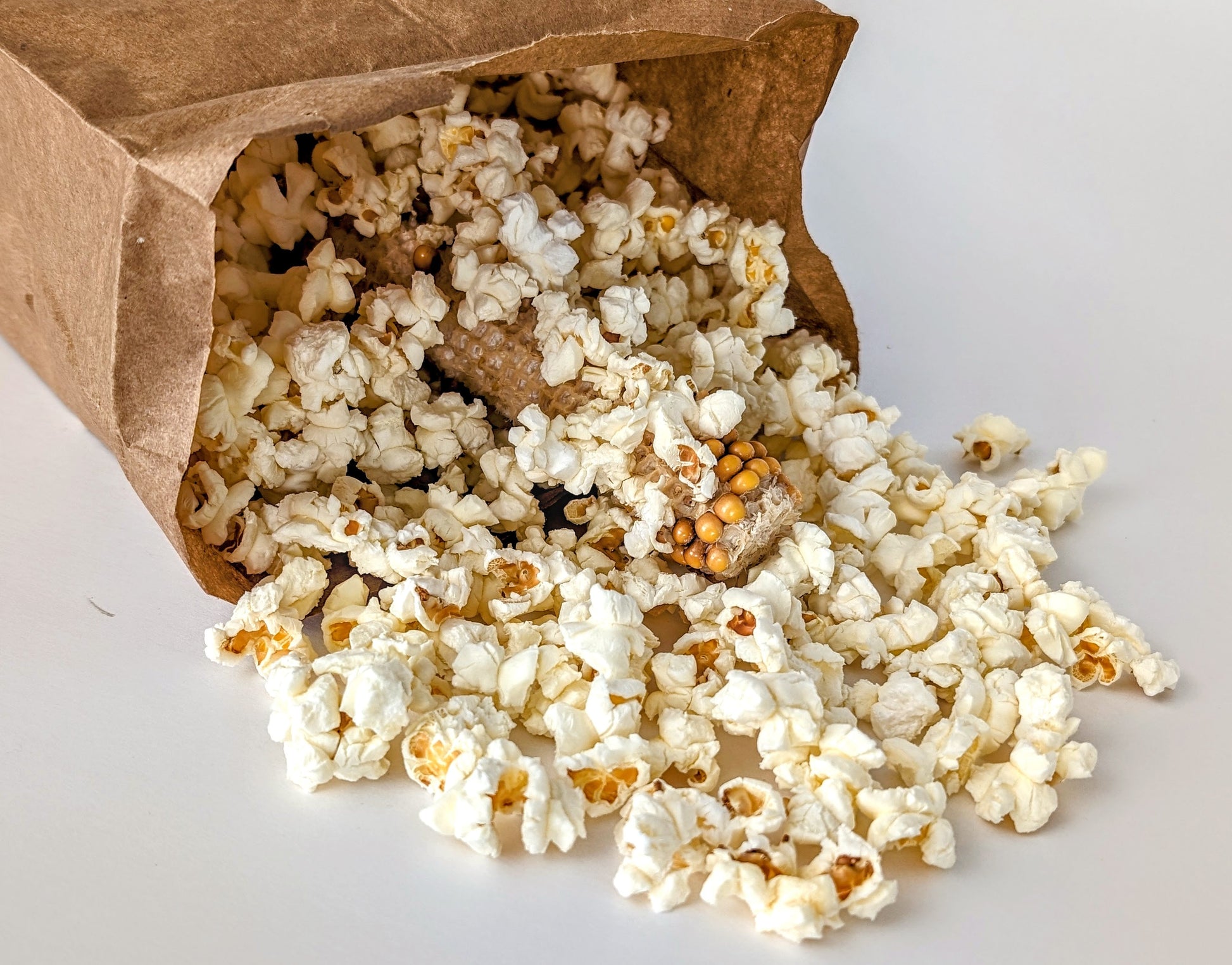 A brown paper bag filled with popcorn kernels cooked in the microwave from popcorn on the cob